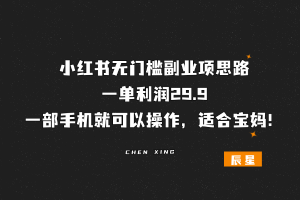 小红书无门槛副业项思路，一单利润29.9，一部手机就可以操作，适合宝妈！-辰星